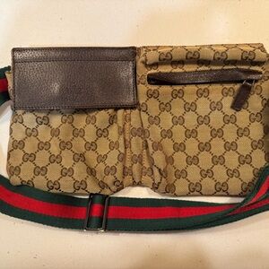 Gucci monogram Brown Belt Bag Fanny pack cross body Green red leather sherry web